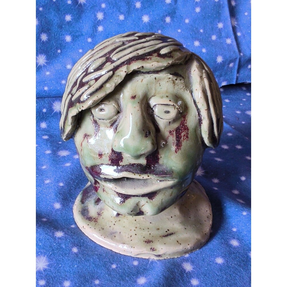 STUNNING Studio Pottery Green Head/Face Sculpture Handmade 5.5" Folk Art